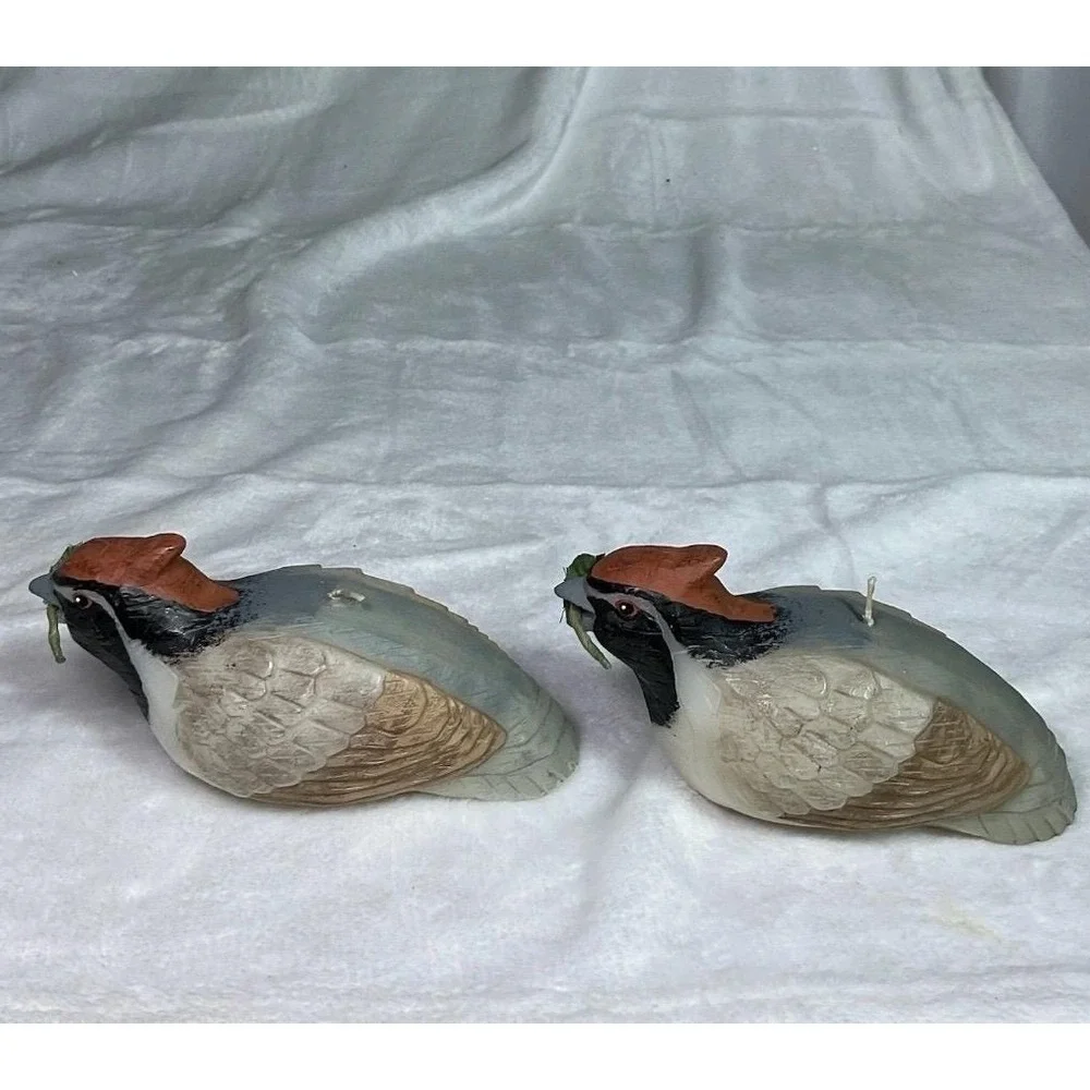 Vintage Pair Bobwhite Quail Bird Candles Holly Berries Christmas Rustic Woodland